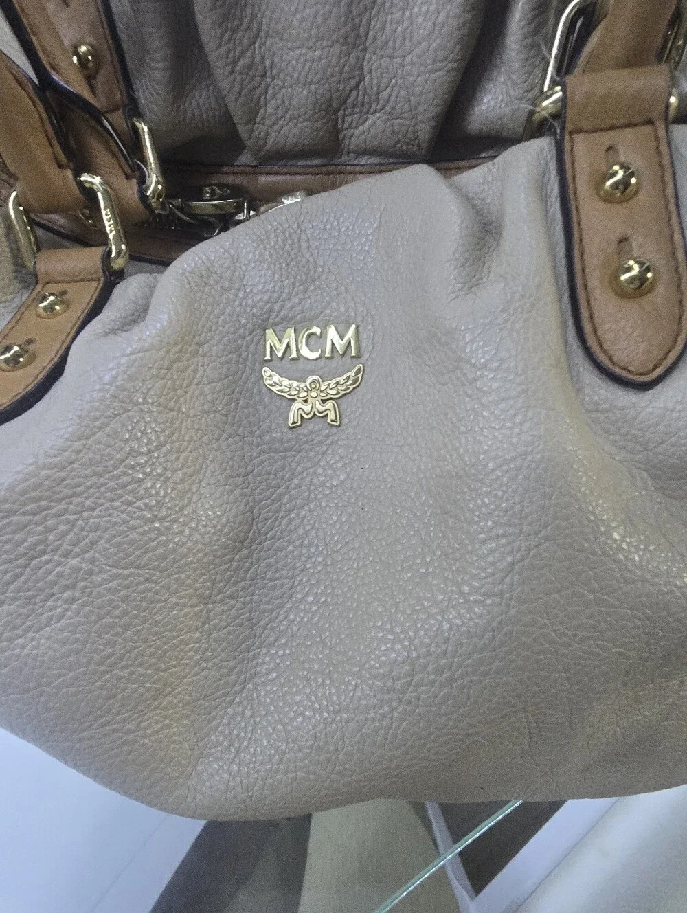 MCM Taupe Leather Dual-Handle Shoulder Bag with Gold Logo - Picture 2 of 6